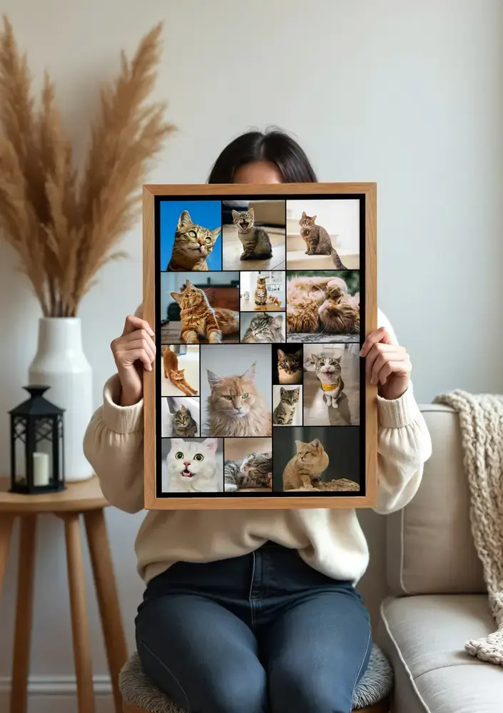 Staande kattenfotocollage in een houten lijst met foto's in diverse formaten, in de woonkamer naast een vaas met pampasgras