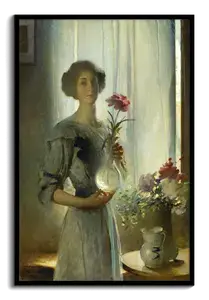 June Art Print - John White Alexander: woman in soft light with pink flower - Order yours