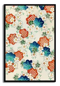 Japanese Floral Pattern Art Print Blue & Orange