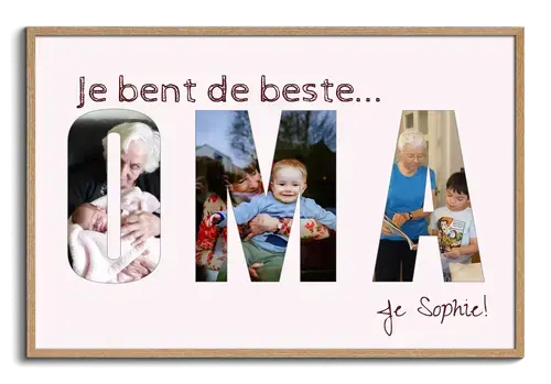 Fotocollage met "OMA" en persoonlijke foto's
