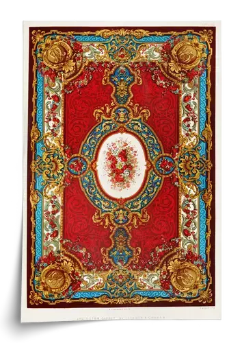 Axminster Teppichdesign rot-gold-blau, Kunstdruck