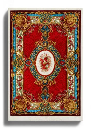 Axminster Teppichdesign rot-gold-blau, Kunstdruck