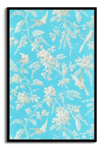 Cream Birds and Floral Pattern on Aqua Art Print