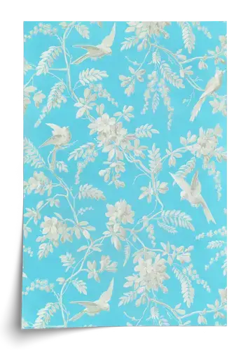Cream Birds and Floral Pattern on Aqua Art Print