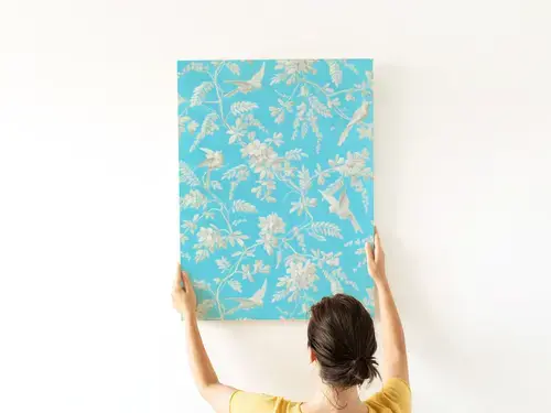 Cream Birds and Floral Pattern on Aqua Art Print