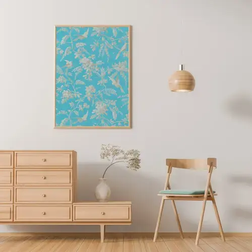 Cream Birds and Floral Pattern on Aqua Art Print