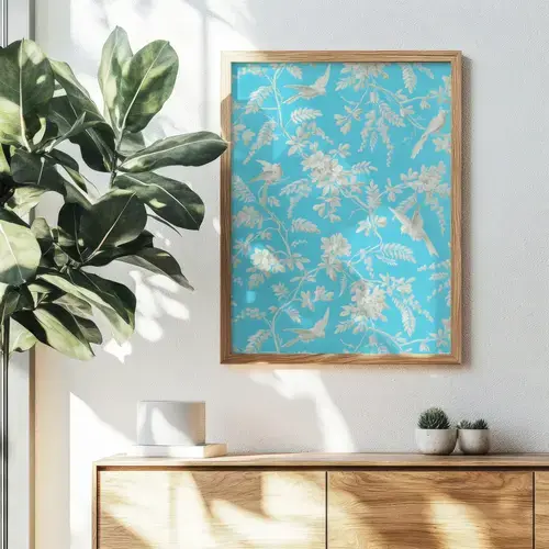 Cream Birds and Floral Pattern on Aqua Art Print