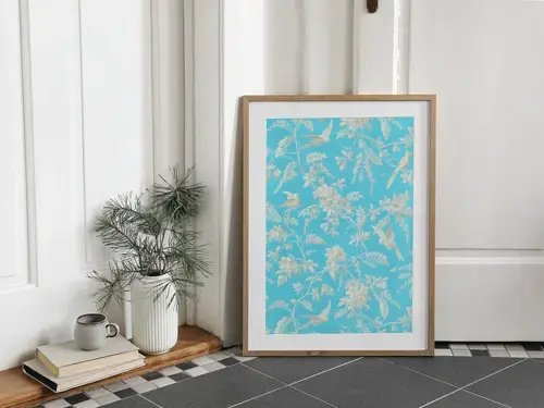 Cream Birds and Floral Pattern on Aqua Art Print