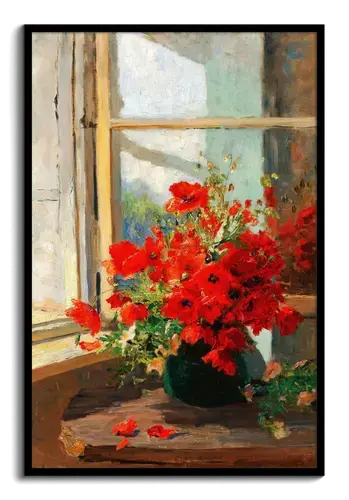 Vase of Red Poppies on Windowsill Art Print