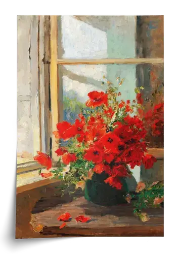 Vase of Red Poppies on Windowsill Art Print