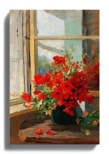 Vase of Red Poppies on Windowsill Art Print