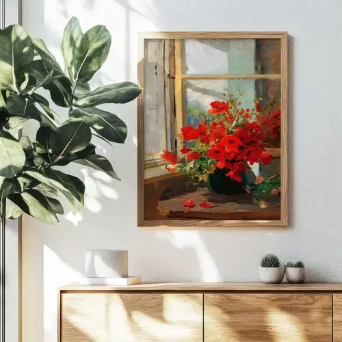 Vase of Red Poppies on Windowsill Art Print