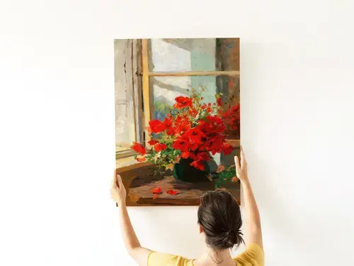 Vase of Red Poppies on Windowsill Art Print