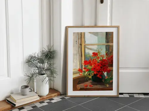Vase of Red Poppies on Windowsill Art Print