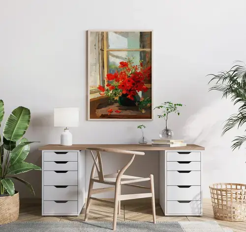 Vase of Red Poppies on Windowsill Art Print