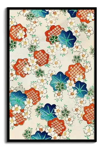 Japanese Floral Pattern Art Print Blue & Orange
