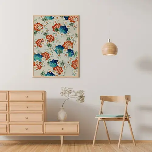 Japanese Floral Pattern Art Print Blue & Orange