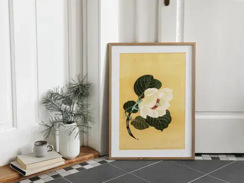 White Camellia Art Print on Beige Background
