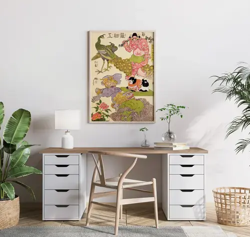 Japanese Woodblock: Peacock, Oni & Lion Dogs