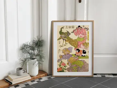 Japanese Woodblock: Peacock, Oni & Lion Dogs