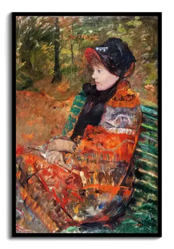 Woman in Black Hat on Green Bench Art Print