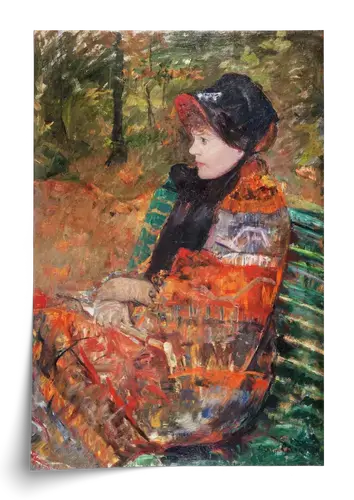 Woman in Black Hat on Green Bench Art Print