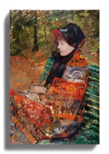 Woman in Black Hat on Green Bench Art Print