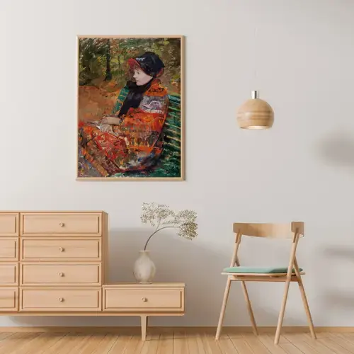 Woman in Black Hat on Green Bench Art Print