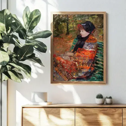 Woman in Black Hat on Green Bench Art Print