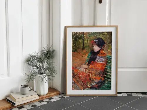 Woman in Black Hat on Green Bench Art Print