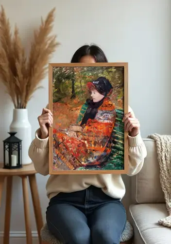 Woman in Black Hat on Green Bench Art Print