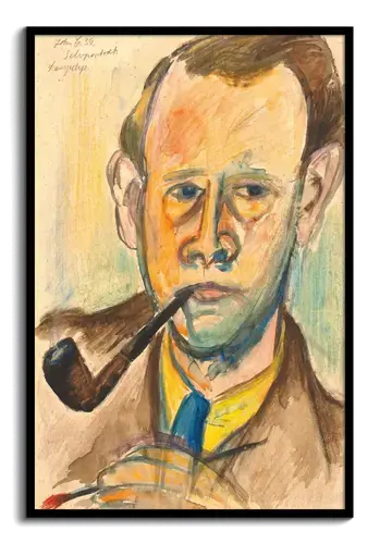 Self-Portrait in Lamplight with Pipe Art Print