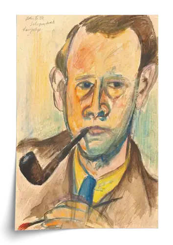 Self-Portrait in Lamplight with Pipe Art Print