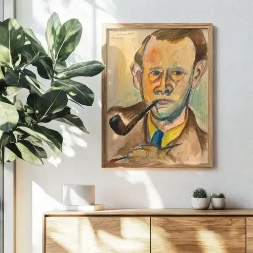 Self-Portrait in Lamplight with Pipe Art Print