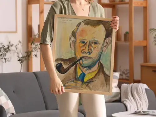 Self-Portrait in Lamplight with Pipe Art Print