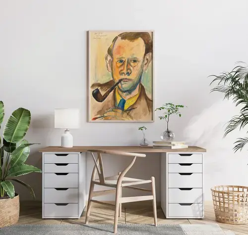 Self-Portrait in Lamplight with Pipe Art Print