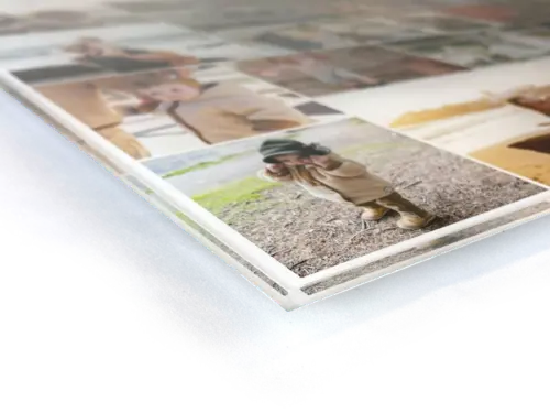 Photo collage on acrylic glass: Detailed view with wall mount