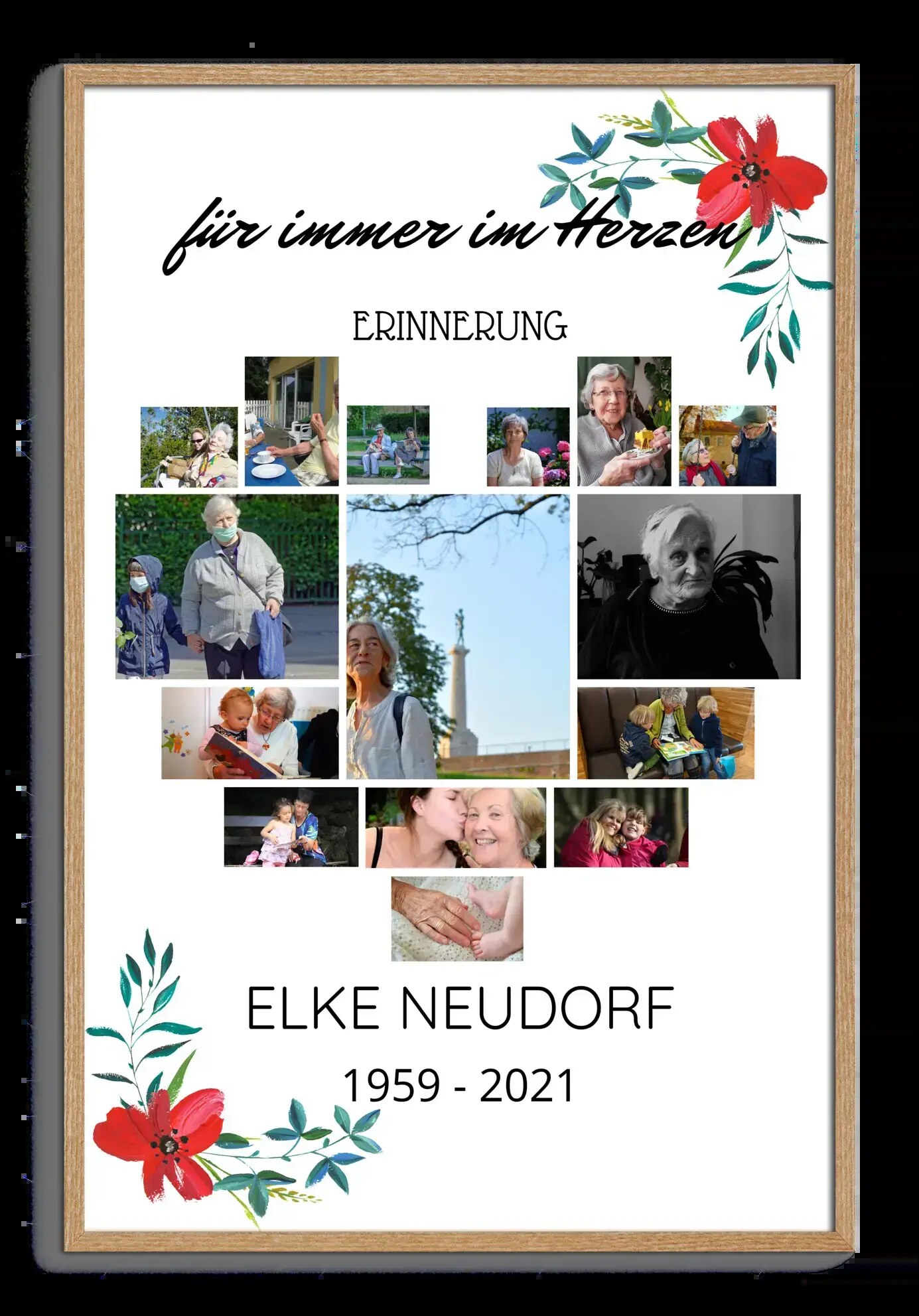 Gerahmtes Trauerbild: Fotocollage in Herzform mit Blumen, Namen und Lebensdaten im Naturholzrahmen