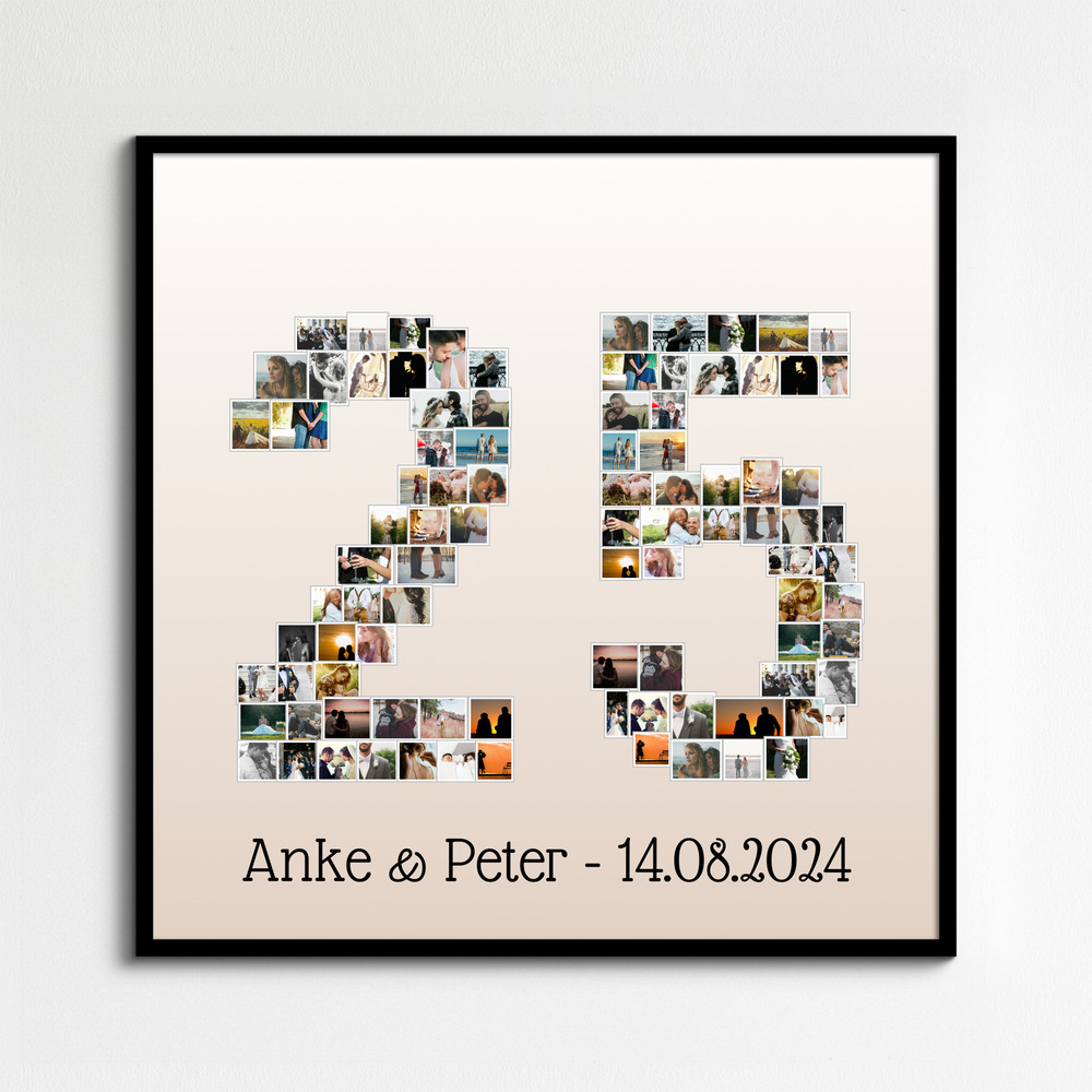 Fotocollage als Zahl 25 zur Silberhochzeit, mit Namen und Datum personalisiert, im schwarzen Rahmen an heller Wand