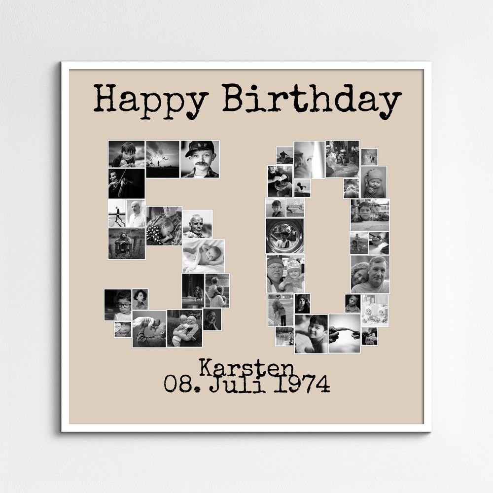 Fotocollage zum 50. Geburtstag aus Schwarz-Weiß-Fotos auf beigem Grund, im hellen Rahmen an der Wand