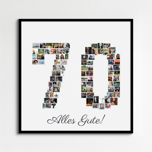 Fotocollage "70" erstellen. Gestalte jetzt dein individuelles Geburtstagsgeschenk mit bis zu 100 Fotos!