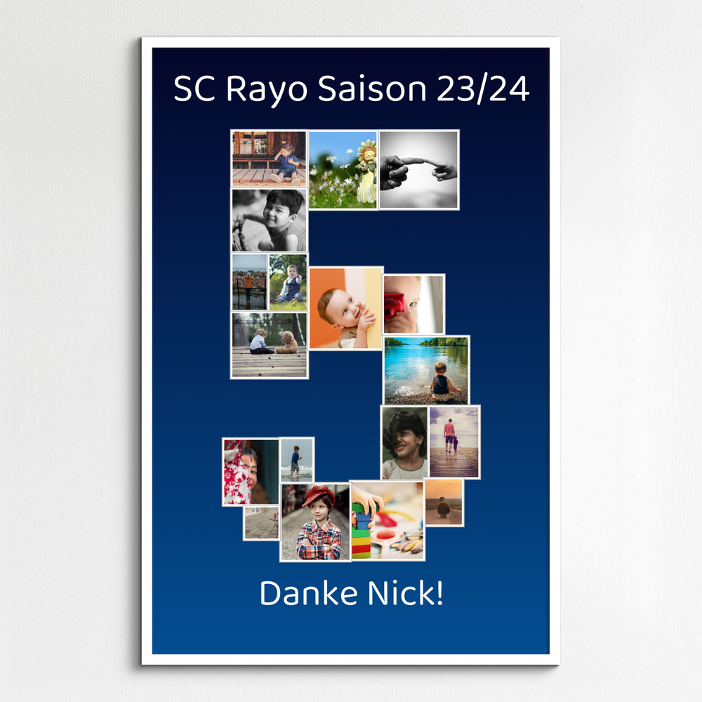 Fotocollage als Zahl 5 auf blauem Hintergrund mit persönlichem Dankestext, im weißen Rahmen an der Wand