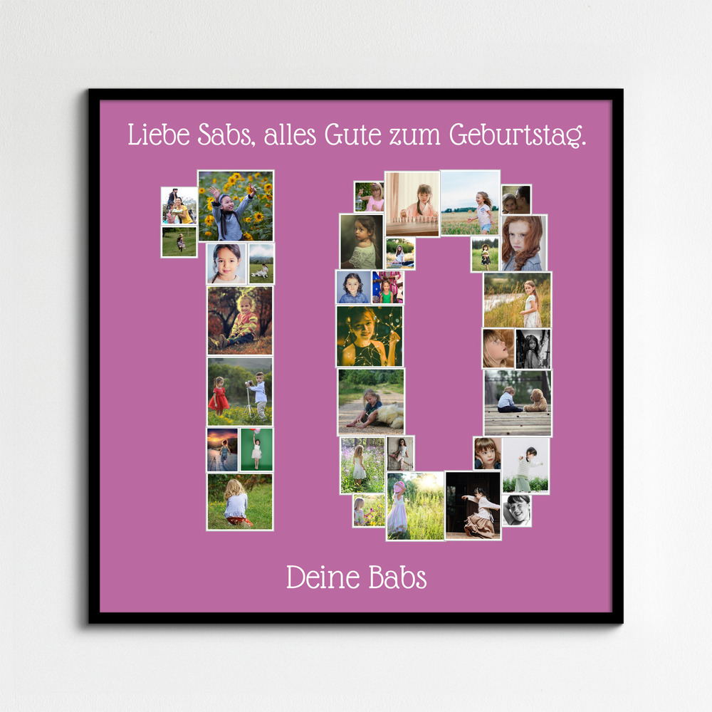 Fotocollage als Zahl 10 zum Geburtstag auf violettem Hintergrund, im schwarzen Rahmen an heller Wand