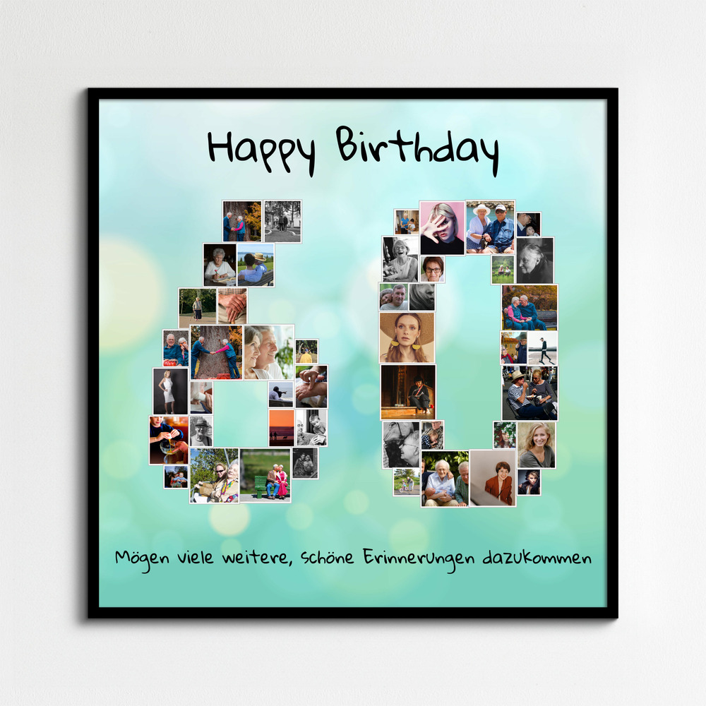 Fotocollage als Zahl 60 zum Geburtstag auf türkisfarbenem Hintergrund, im schwarzen Rahmen an der Wand